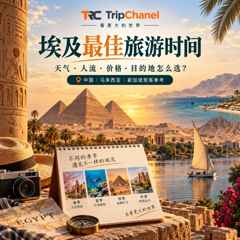 best time to visit egypt 2026 tripchanel 埃及最佳旅游时间指南封面,展示金字塔、尼罗河与不同旅行体验