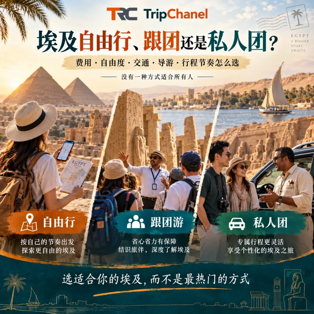 egypt independent vs group private tour featured 埃及自由行还是私人团对比图,展示自由行、跟团和私人团三种埃及旅行方式