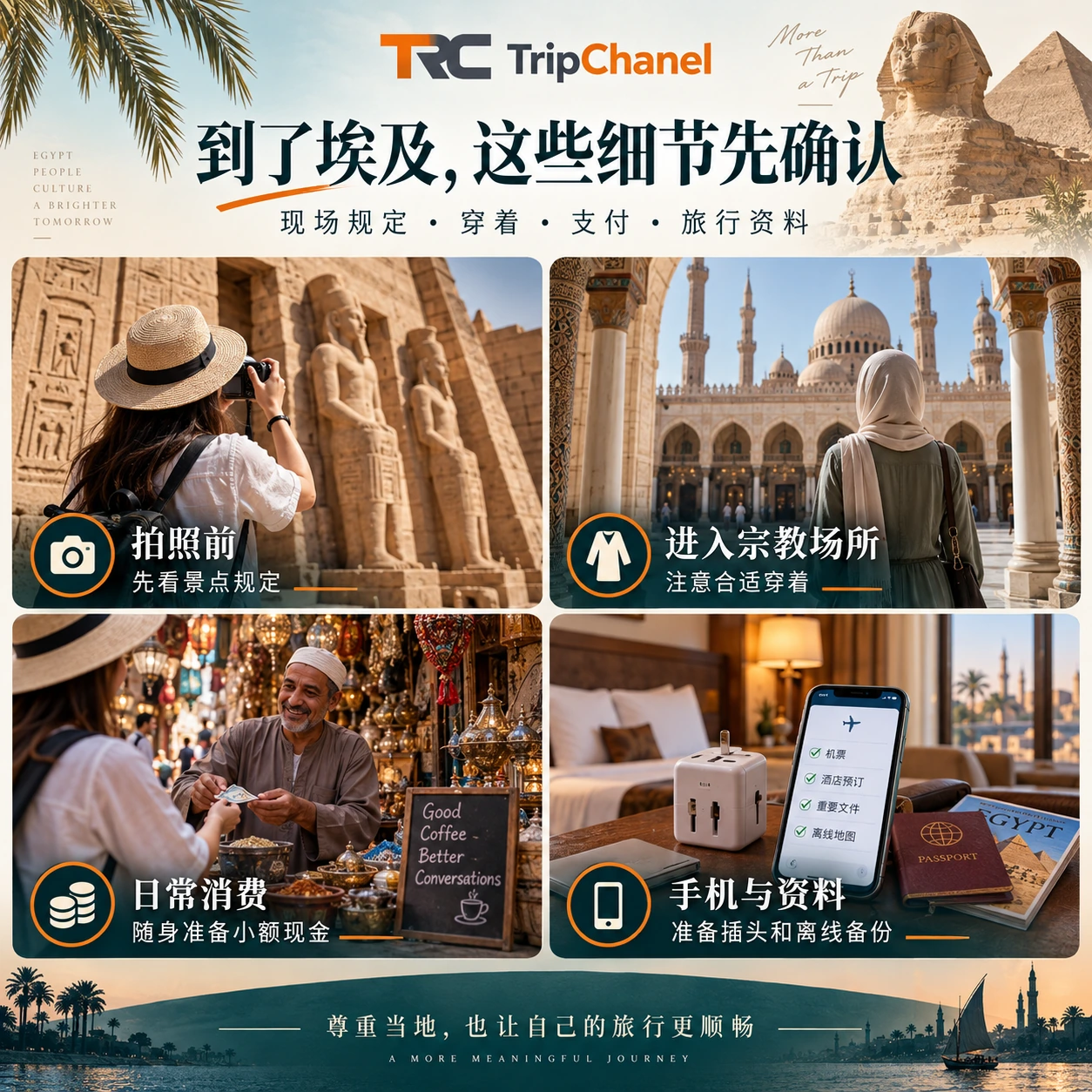 埃及旅行现场注意事项,展示景点拍照、宗教场所穿着、现金支付和旅行资料准备