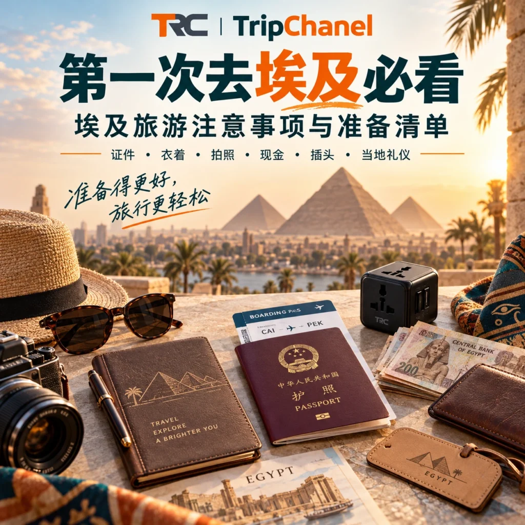 egypt travel tips checklist featured tripchanel 埃及旅游注意事项文章封面,展示护照、行李、现金和旅行准备清单
