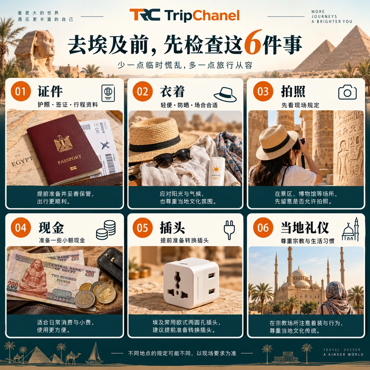 埃及旅行出发前六项准备,包括证件、衣着、拍照、现金、插头和当地礼仪