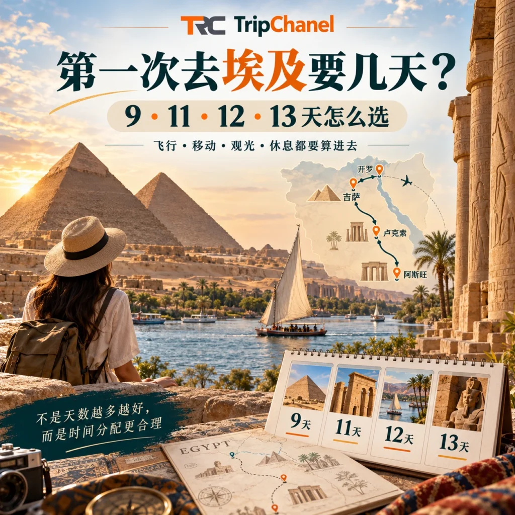 how many days in egypt featured tripchanel 埃及几天合适文章封面,展示9天、11天、12天和13天埃及旅行时间规划