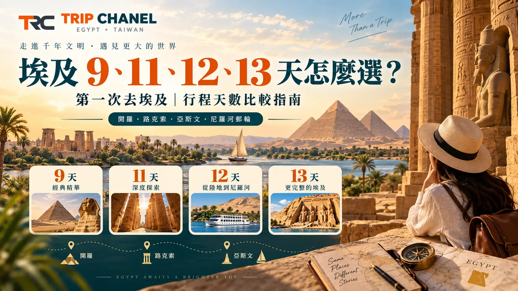 埃及9天、11天、12天與13天行程比較,包含開羅、路克索、亞斯文與尼羅河郵輪